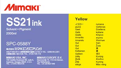 Mimaki SS21 Solvent Ink 2 liter Ink Pack  Yellow (MPN: SPC-0588Y)